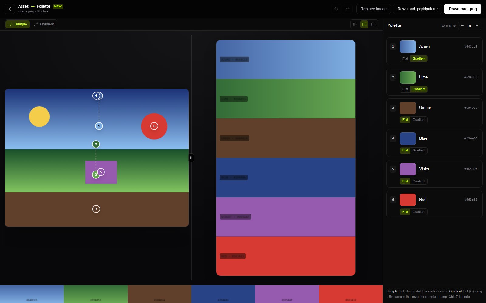 Saved Pixel App showing an asset converted into gradient palette strips
